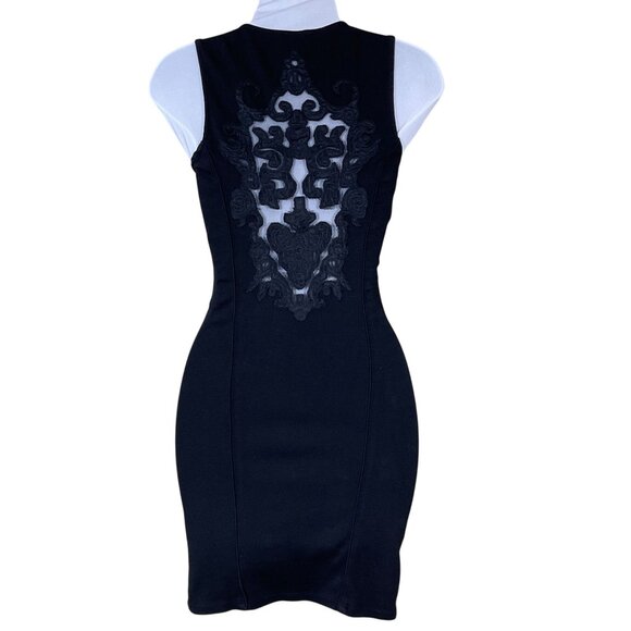 Guess Sleeveless Black Knit Bodycon Mini Dress Mesh Insert BacK Floral Cutout XS - Picture 3 of 7
